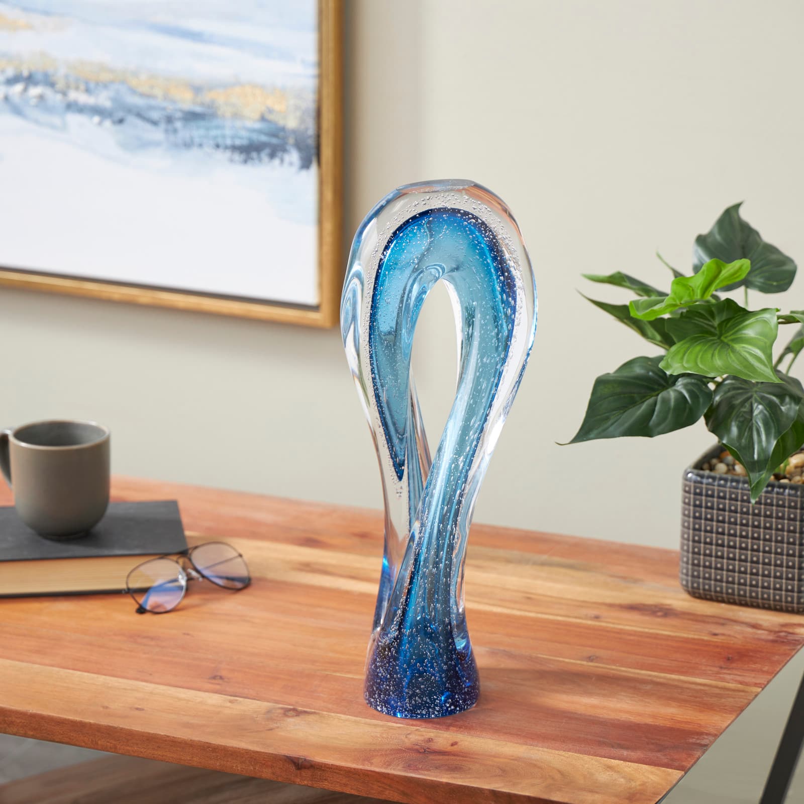 17" Blue Glass Geometric Ombre Twisted Infinity Loop Sculpture