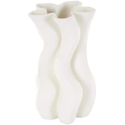 White Ceramic Abstract Ribbed Dimensional Wavy Vase with Floral Shaped ...