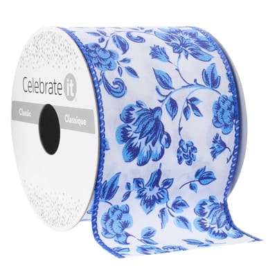 2.5" x 3yd. Blue Chinoiserie Floral Wired Edge Ribbon by Celebrate It™ image