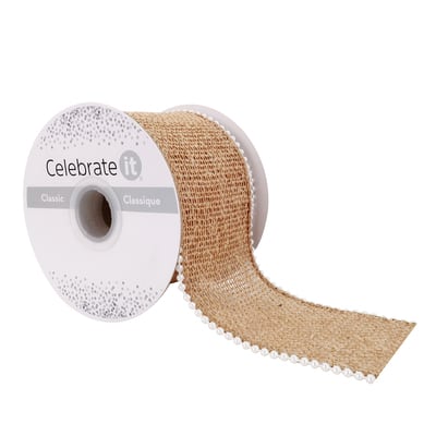 2.5" x 3yd. Burlap & Beaded Wired Ribbon by Celebrate It® Classic